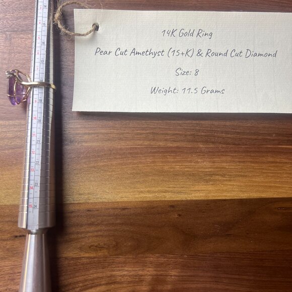 Vintage 14K gold ring with huge pear cut amethyst and accent diamond size 8 - Picture 4 of 8